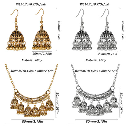 Fashion Indian Women Luxury Jewelry Set Charm Afghan Metal Small Bell Jhumka Earrings&Necklace Set Femmes Wedding Gift