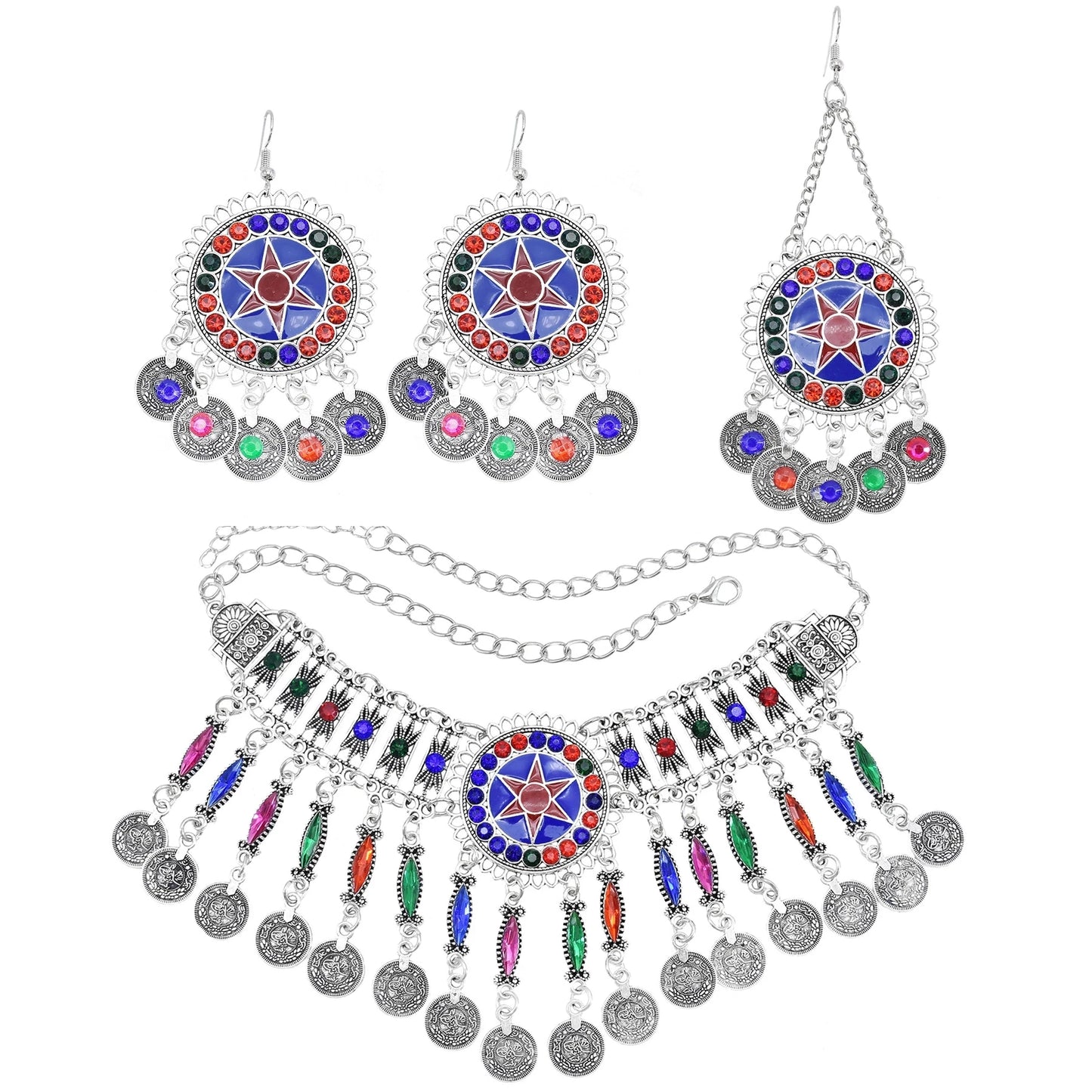 Color Crystal Coin Tassel Choker Necklace Earrings For Women Turkish Afghan Dress Indian Clothes Traditional Ethnic Jewelry Set