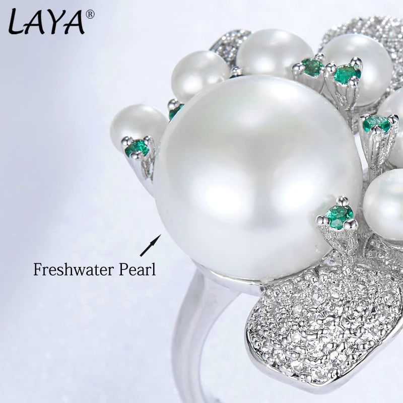 LAYA 925 Sterling Silver Original Unique Design Shining Zircon Green Nano Natural Pearl Ring For Women Luxury Wedding Jewelry