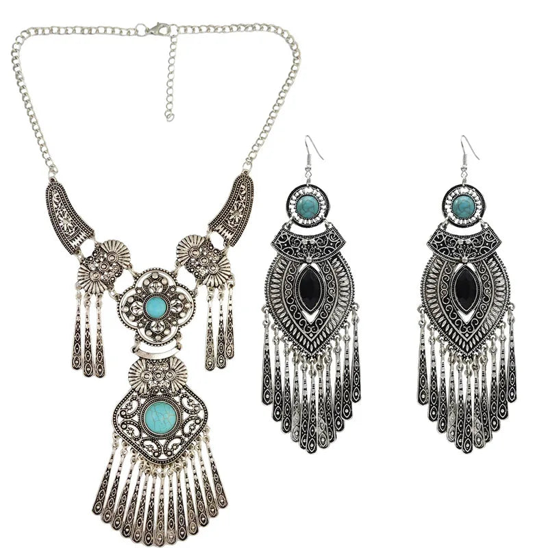 Vintage Ethnic Tassel Drop Afghan India Jhumka Earrings Women Choker Necklace Pakistan Turkish Gypsy Oxidized Retro Jewelry Sets