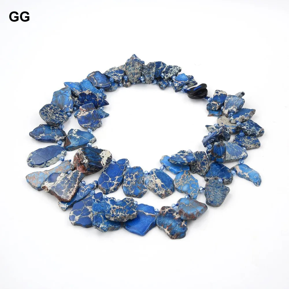 GG 22'' 2 Strands Natural Blue Sea Sediment Imperial Jaspers Crystal Necklace For Women