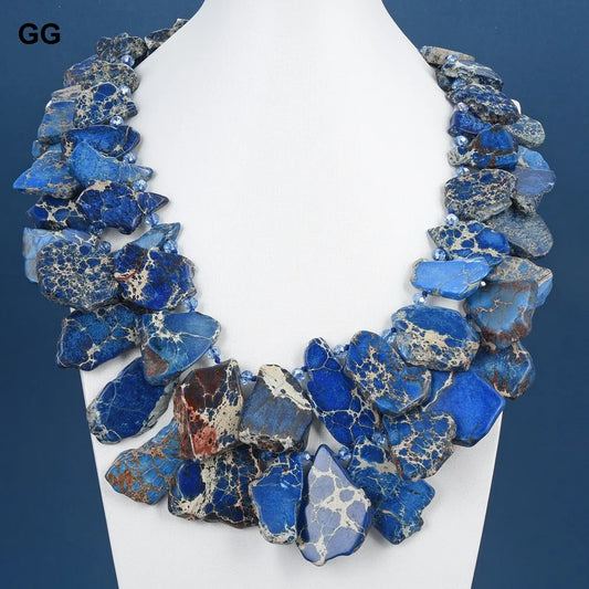 GG 22'' 2 Strands Natural Blue Sea Sediment Imperial Jaspers Crystal Necklace For Women