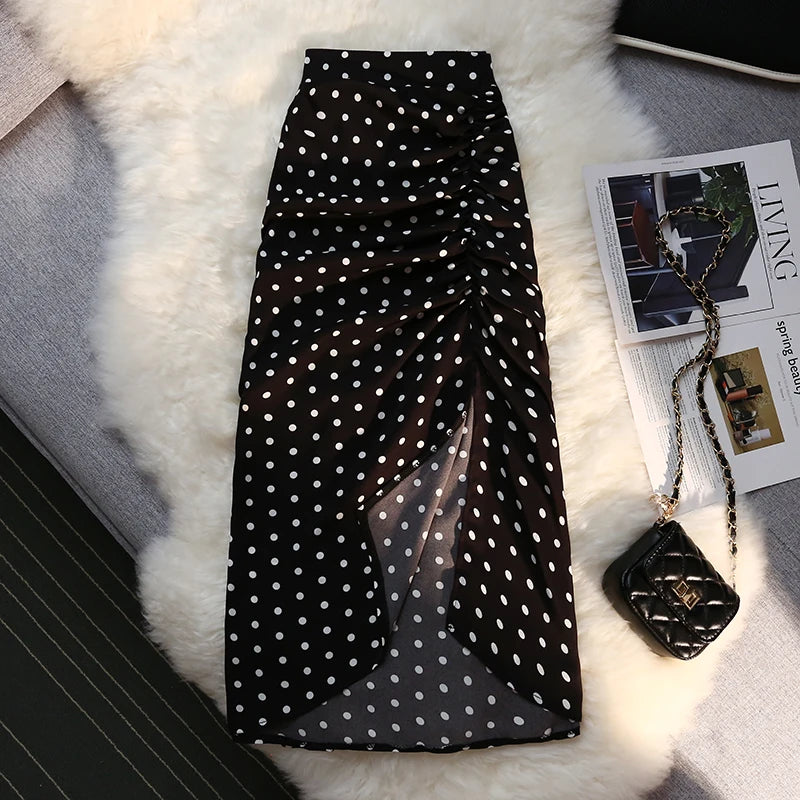 Autumn winter long skirts women elastic high waist drawstring split polka dot skirt ladies fashion Shirring bodycon pencil skirt