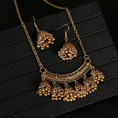 Fashion Indian Women Luxury Jewelry Set Charm Afghan Metal Small Bell Jhumka Earrings&Necklace Set Femmes Wedding Gift