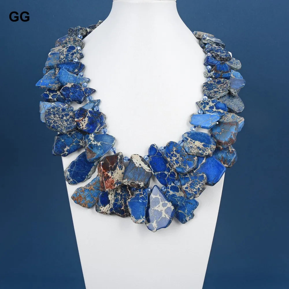 GG 22'' 2 Strands Natural Blue Sea Sediment Imperial Jaspers Crystal Necklace For Women