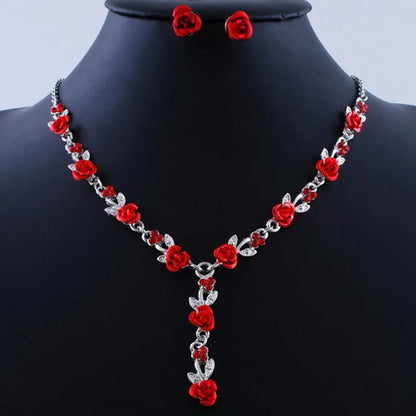 Red Rose Flower Choker Necklace Bridal Wedding Jewelry Set with Earrings