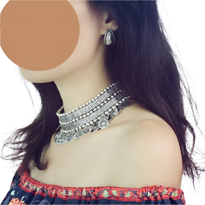 Indian Jhumka Vintage Coins Choker Necklace Drop Earrings Set Women Turkish Tibet Tassel Bib Statement Pakistani Afghan Jewelry