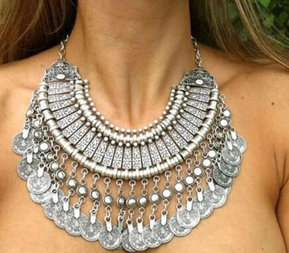 Vintage Silvery Coin Choker Necklace Earrings Gypsy Ethnic Tribal Turkish Afghan India Pakistan Collar Statement Jewelry Sets