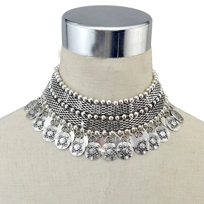 Pakistan Turkish Ethnic Coin Choker Necklace Earrings for Women Vintage Gypsy Indian Afghan Dress Collar Statement Jewelry Sets