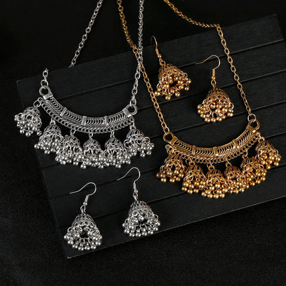 Fashion Indian Women Luxury Jewelry Set Charm Afghan Metal Small Bell Jhumka Earrings&Necklace Set Femmes Wedding Gift