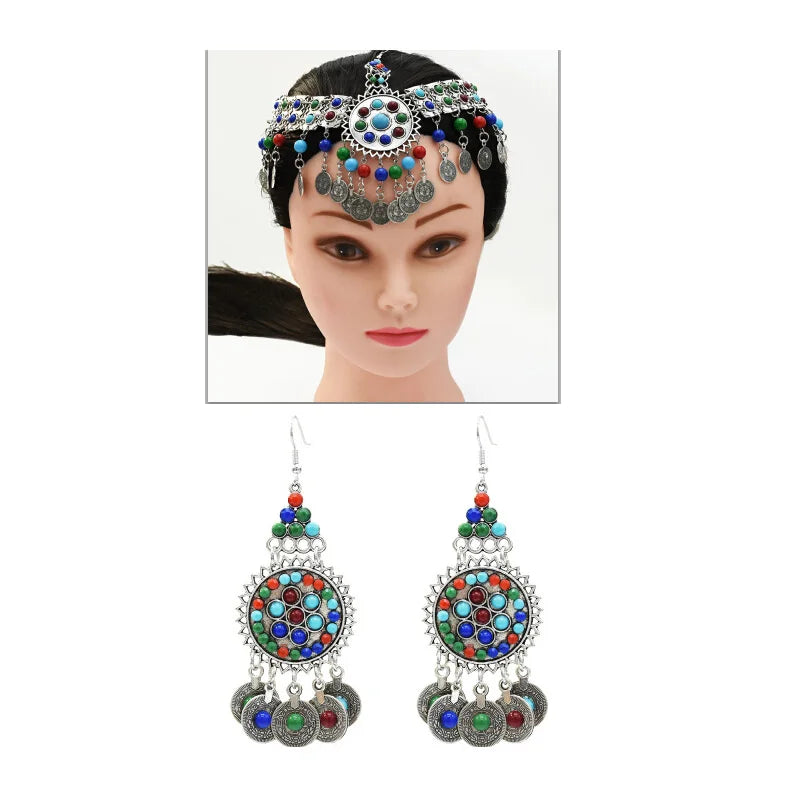 Bohemian Ethnic Resin Bead Hairpins Tassel Bell Afghan Earrings Tikka Bib Necklace Tribal Indian Gypsy Turkish Hair Clip Jewelry