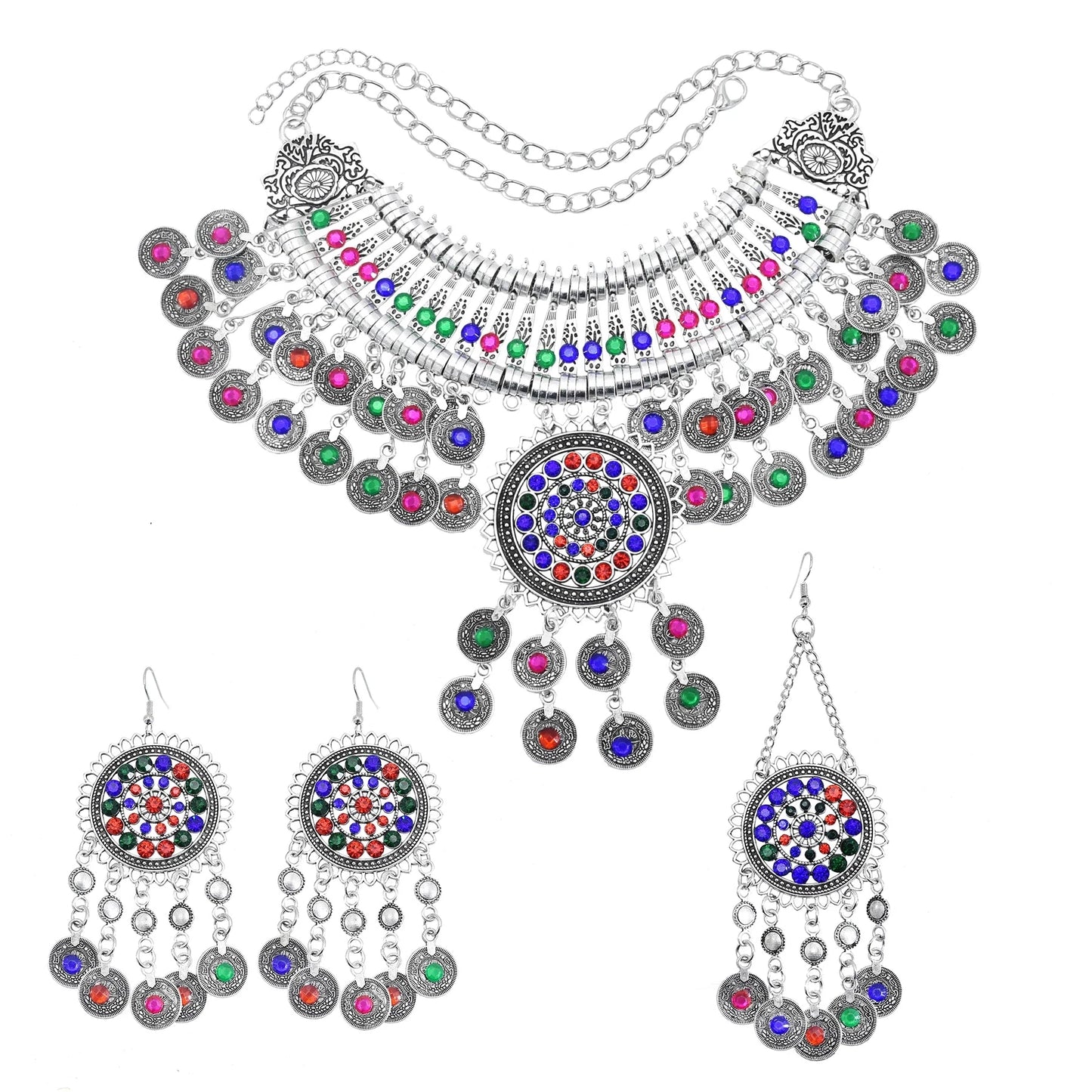 Colorful Crystal Bead Coin Ethnic Choker Necklace Drop Earrings Set For Women Retro Gypsy Afghan Traditional Dress Jewelry Sets