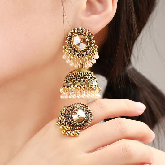 Afghan Gold Silver Color Alloy Big Earrings for Women Crystal Pearls Beads Earrings & Rings Sets Adjustable Indian Party Jewelry