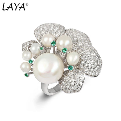 LAYA 925 Sterling Silver Original Unique Design Shining Zircon Green Nano Natural Pearl Ring For Women Luxury Wedding Jewelry