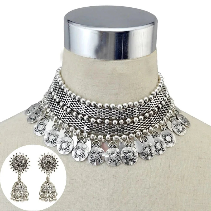 Indian Jhumka Vintage Coins Choker Necklace Drop Earrings Set Women Turkish Tibet Tassel Bib Statement Pakistani Afghan Jewelry