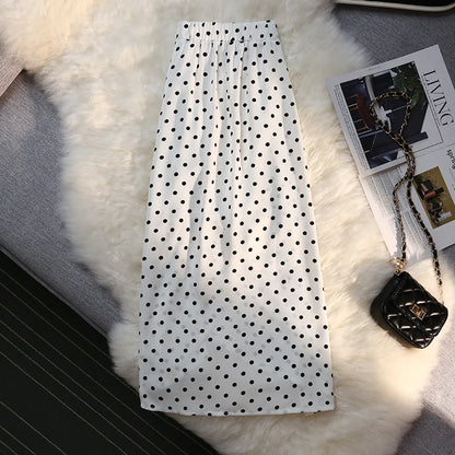 Autumn winter long skirts women elastic high waist drawstring split polka dot skirt ladies fashion Shirring bodycon pencil skirt