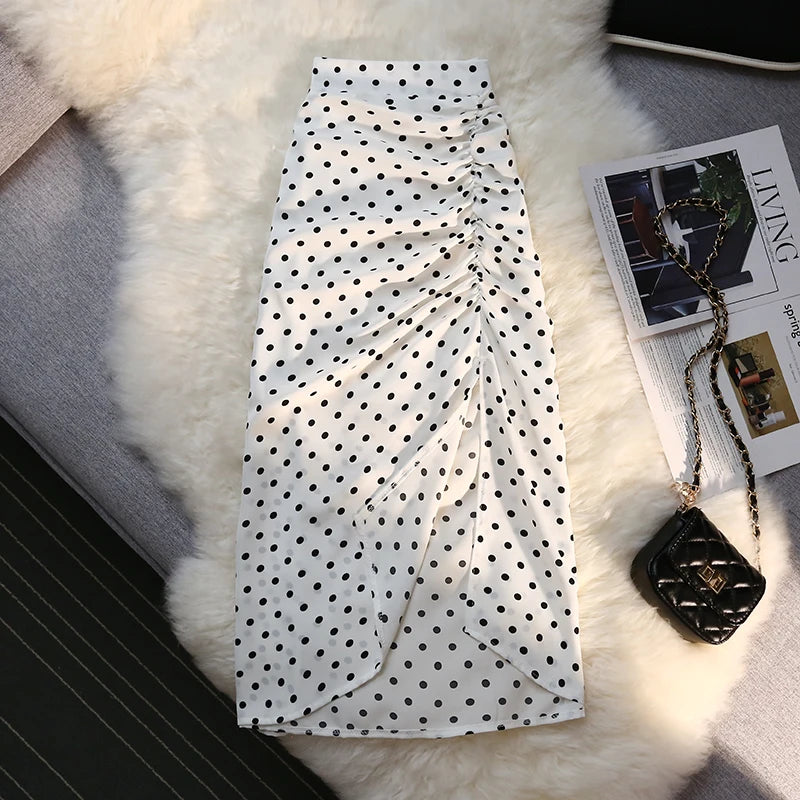 Autumn winter long skirts women elastic high waist drawstring split polka dot skirt ladies fashion Shirring bodycon pencil skirt