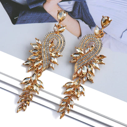 Women Girl Luxury Elegant Metal Hollow Chain Leaves Crystal Brincos Pendant Jewelry Ear Accessories