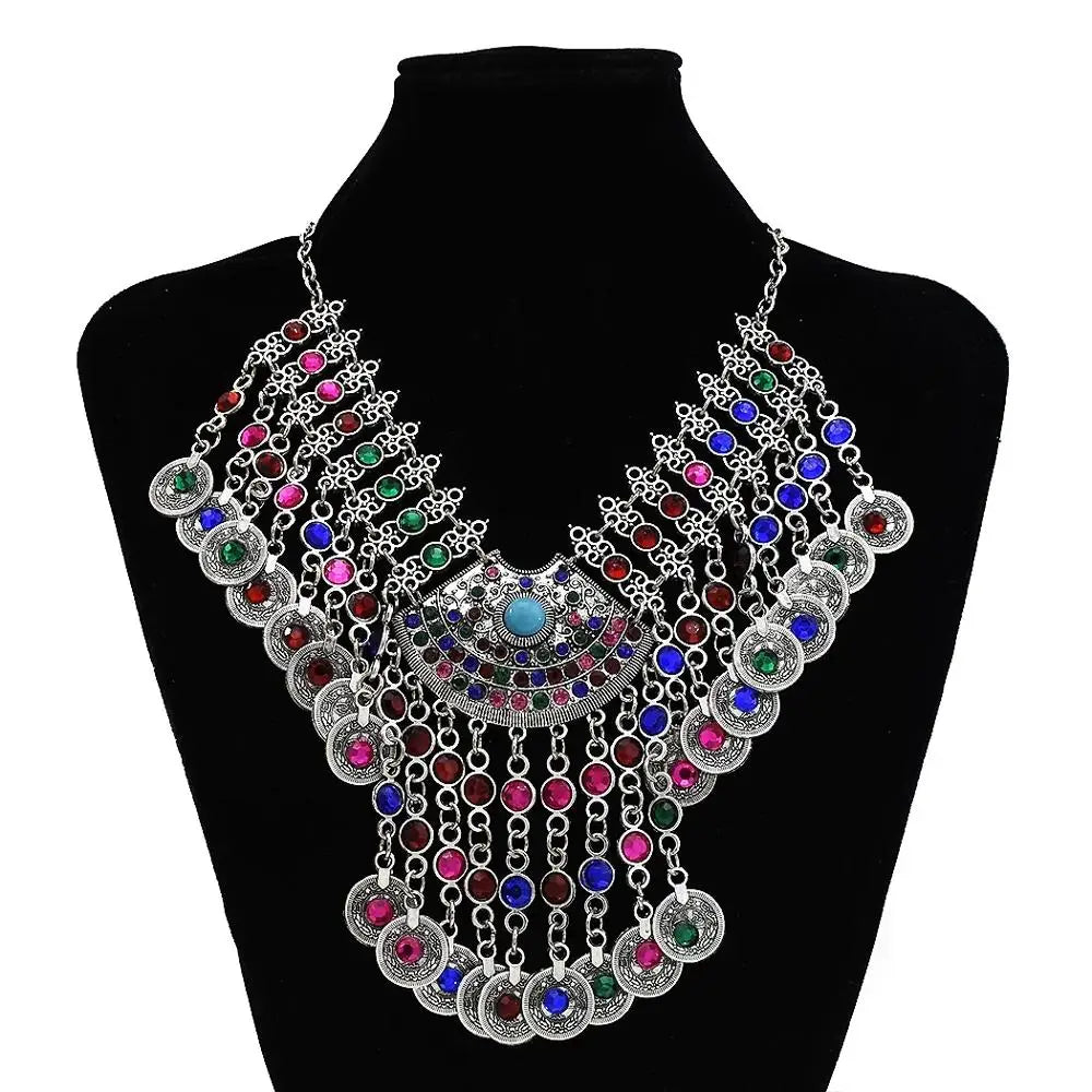 Gypsy Turkish Tribal Colorful Rhinestone Coins Necklace Earrings for Women Boho Pakistan Afghan Dress Clothes India Jewelry Sets