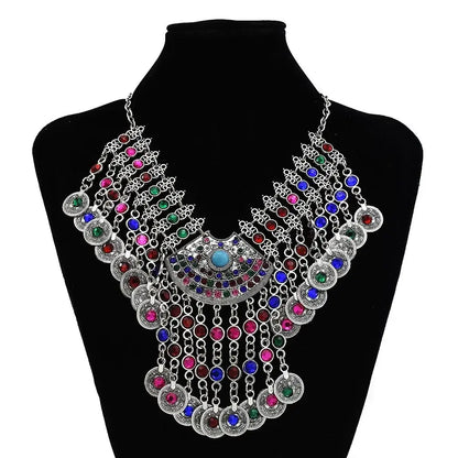 Gypsy Turkish Tribal Colorful Rhinestone Coins Necklace Earrings for Women Boho Pakistan Afghan Dress Clothes India Jewelry Sets