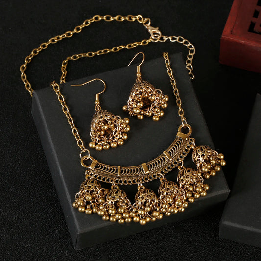 Fashion Indian Women Luxury Jewelry Set Charm Afghan Metal Small Bell Jhumka Earrings&Necklace Set Femmes Wedding Gift