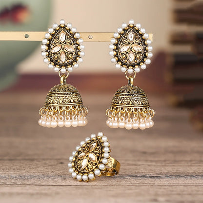 Afghan Gold Silver Color Alloy Big Earrings for Women Crystal Pearls Beads Earrings & Rings Sets Adjustable Indian Party Jewelry