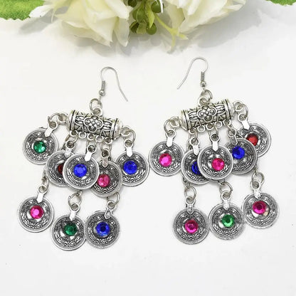 Gypsy Turkish Tribal Colorful Rhinestone Coins Necklace Earrings for Women Boho Pakistan Afghan Dress Clothes India Jewelry Sets