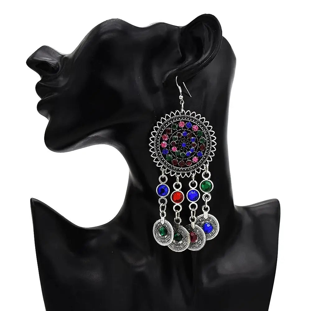 Gypsy Turkish Tribal Colorful Rhinestone Coins Necklace Earrings for Women Boho Pakistan Afghan Dress Clothes India Jewelry Sets