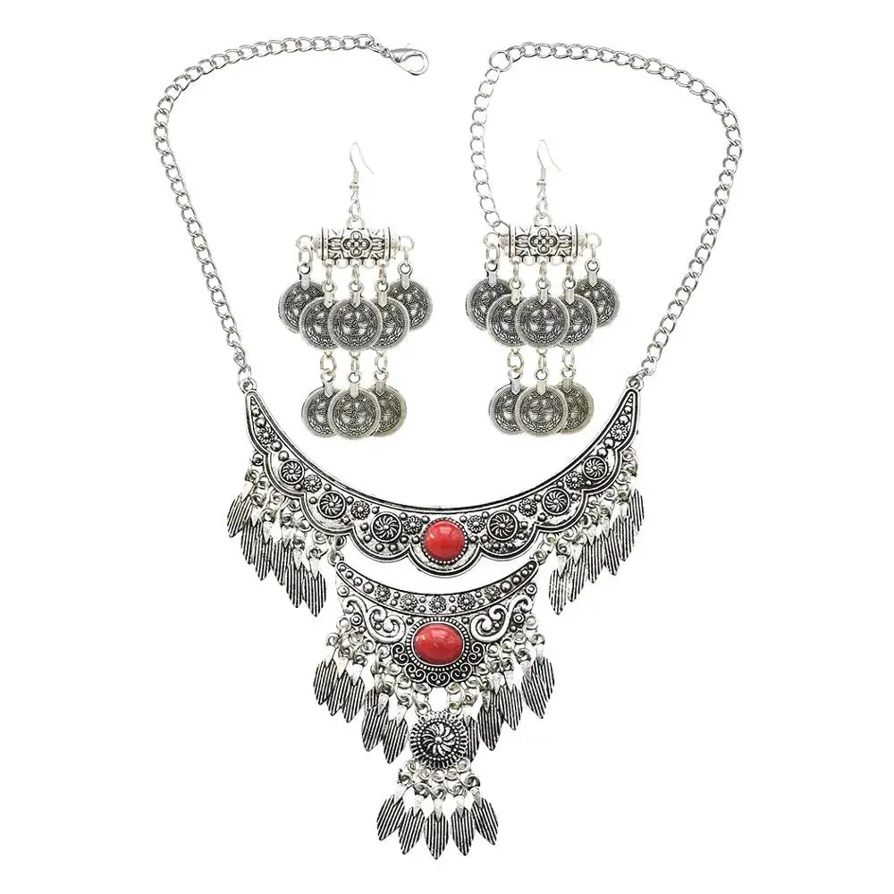 Color Crystal Coin Tassel Choker Necklace Earrings For Women Turkish Afghan Dress Indian Clothes Traditional Ethnic Jewelry Set