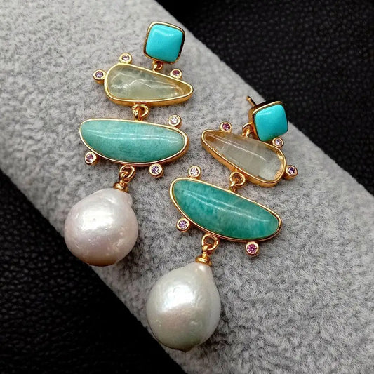 YYGEM Natural geometric Turquoise Amazonite Prehnite  Freshwater White Pearl  Stud Earrings gold Filled office style for women