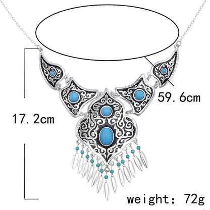 Vintage Turkish Pakistan Ethnic Carved Flower Tassel Necklace Earrings for Women India Afghan Gypsy Neck Chains Jewelry Sets