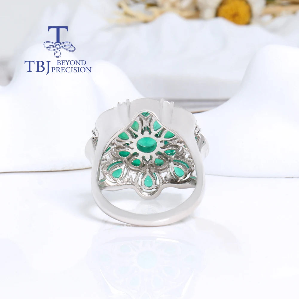 Gorgeous romantic flower design natural green agate silver large ring light luxury women wedding & party gift