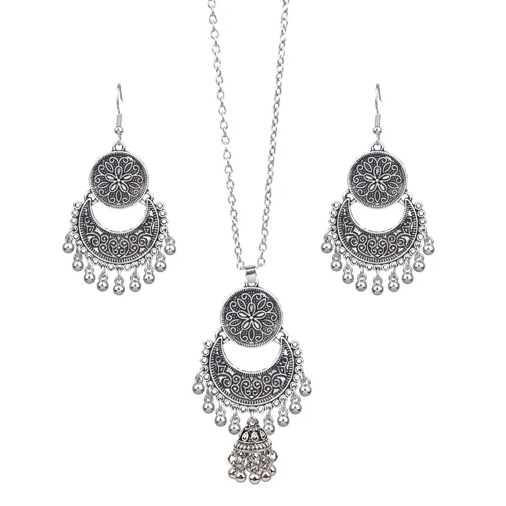 Boho Women Colorful Flower Round Earring Set Indian Jhumka Necklace for Ladies Retro Antique Silver Plated Beads Tassel Jewelry