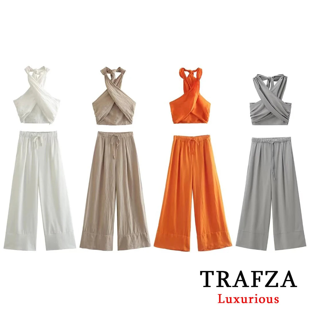 TRAFZA Streetwear Khaki Suits Women Sleeveless Halter Sexy Crop Tops Women+High Waist Wide Leg Pants Fashion 2025 Sets