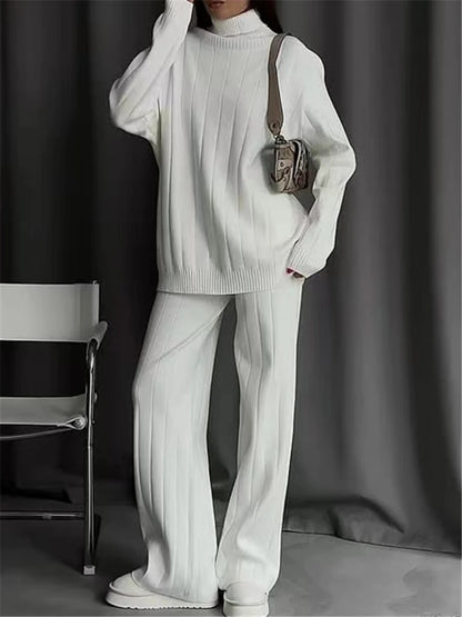 Autumn Winter 2 Pieces White Women's Sets Knitted Tracksuit Turtleneck Sweater and Straight Jogging Pant Suits 2023 New