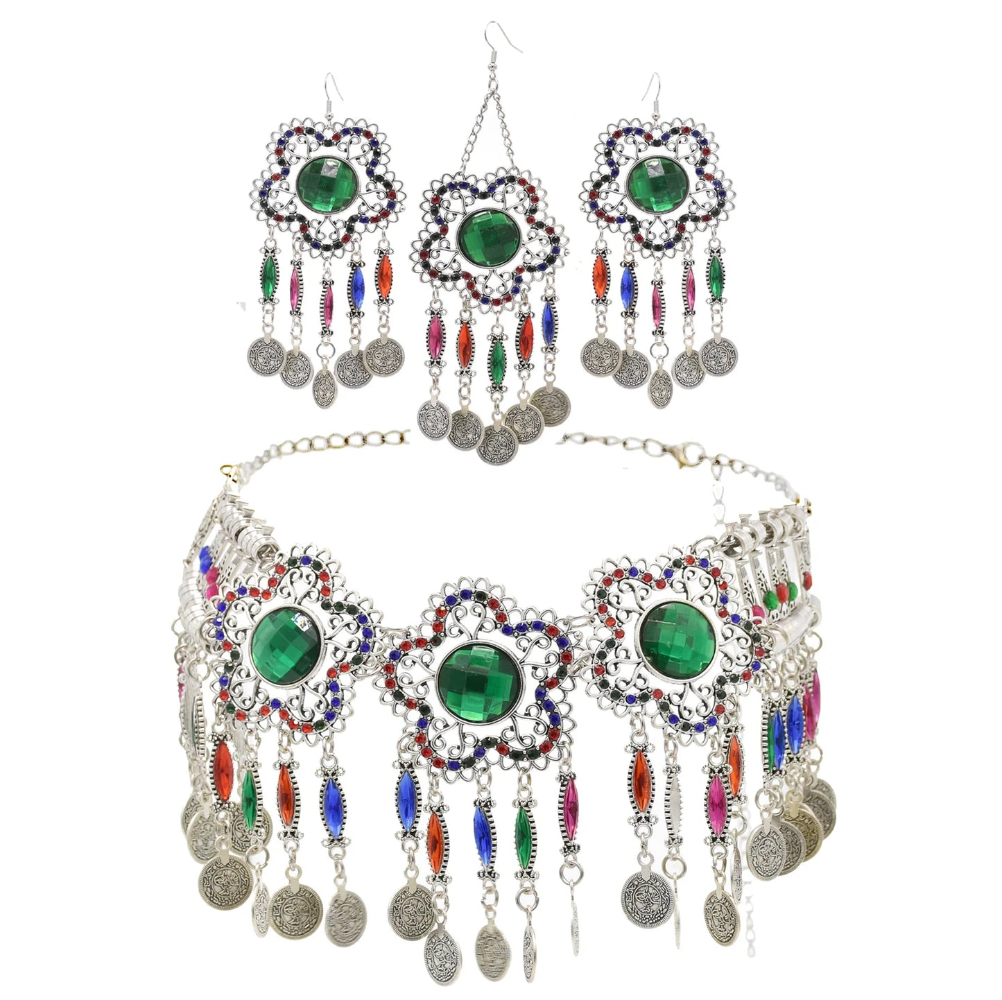 3pcs Indian Afghan Jewelry Sets Necklace Earrings Hairbands for Women Boho Ethnic Coins Tassels Colorful Crystal Drop Accessory