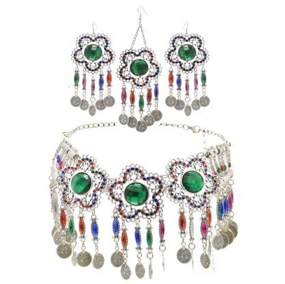 3pcs Indian Afghan Jewelry Sets Necklace Earrings Hairbands for Women Boho Ethnic Coins Tassels Colorful Crystal Drop Accessory