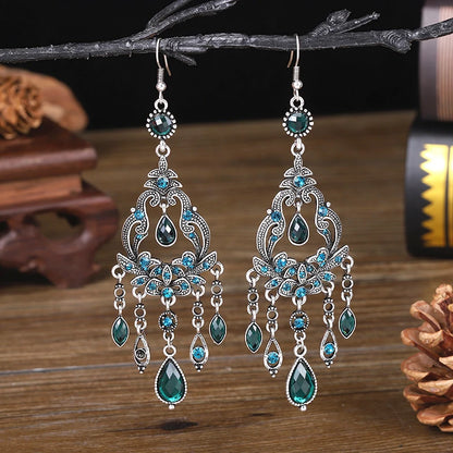 Vintage Ethnic Style Rhinestone Flower Shaped Water Drop Earrings for Women Elegant Long Texture Dangle Earring Female Jewelry