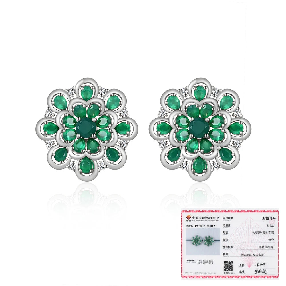 925 Sterling silver flower design natural green agate earrings Light luxury design for womens