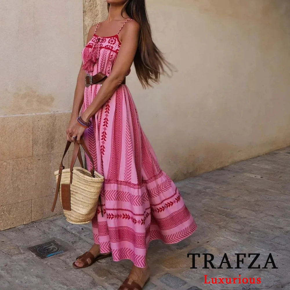 TRAFZA Vintage Embroidery Boho Long Dress Women Bow Tie Ruffles Luxurious Cotton Dress Fashion 2024 Summer Knit Patchwork Dress