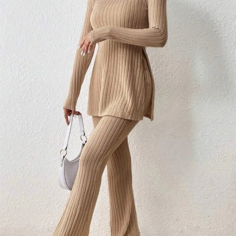 Autumn Winter Women's Clothing New Style Solid Color Sexy Casual Long Sleeved Round Neck Slit Fashion Temperament Two-piece Set