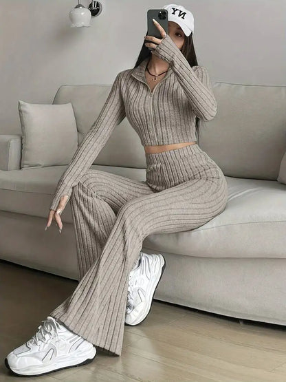 Short Style Zip Rib Knit Tops Long Pants Suit Women Casual Long Sleeve T-shirt & Slim Trousers 2 Piece Sets Autumn Women Sets