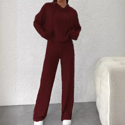 New Casual Knitted Striped Long Hooded Sweatshirt Loose Long Sleeves and Trousers Fashion Suit