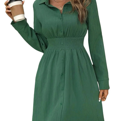 Women Fashion Mini Dress 2025 New Elegant Turn-down Collar Elastic Waist Long Shirt Dress Lady Commuter Plain Texture Dress