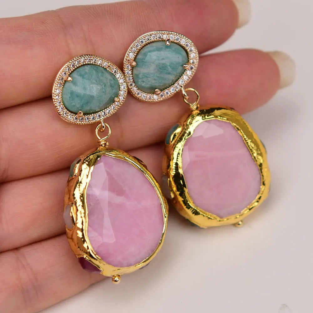 G-G Natural Red Rhodochrosite Gems Paved Mix Quartzs Gold Edge Plated Amazonite Stud Earrings For Women