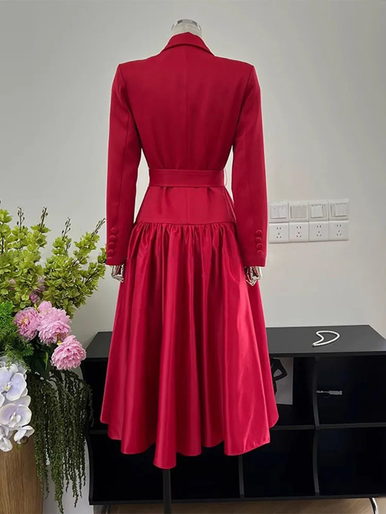 Women Notched Collar Long Sleeve High Waist Solid Patchwork Belt Loose Temperament Dresses