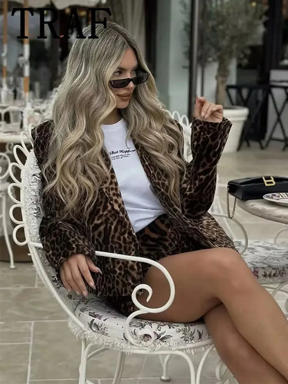 TRAF Fashion Long Sleeve Blazers Top Women 2 Pieces Leopard Printed Mini Skirt Sets Women's Suit Two Piece Set Women Outfit