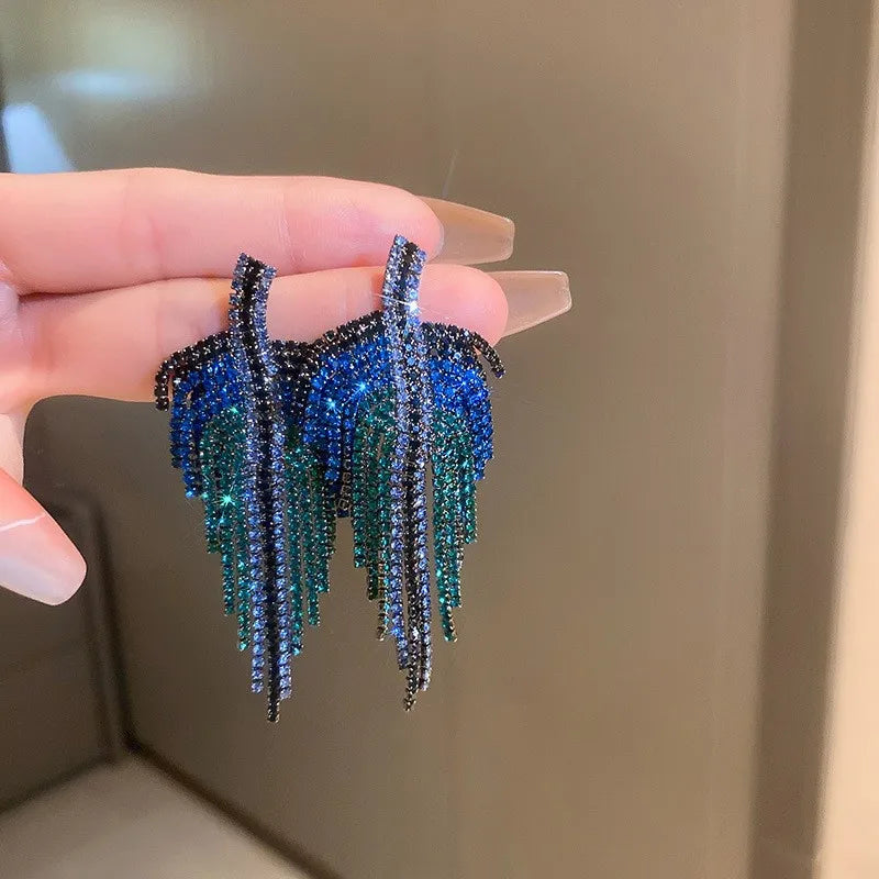 Full Rhinestone Long Tassel Earrings Women Blue Color Fashion Geometric Drop Earring