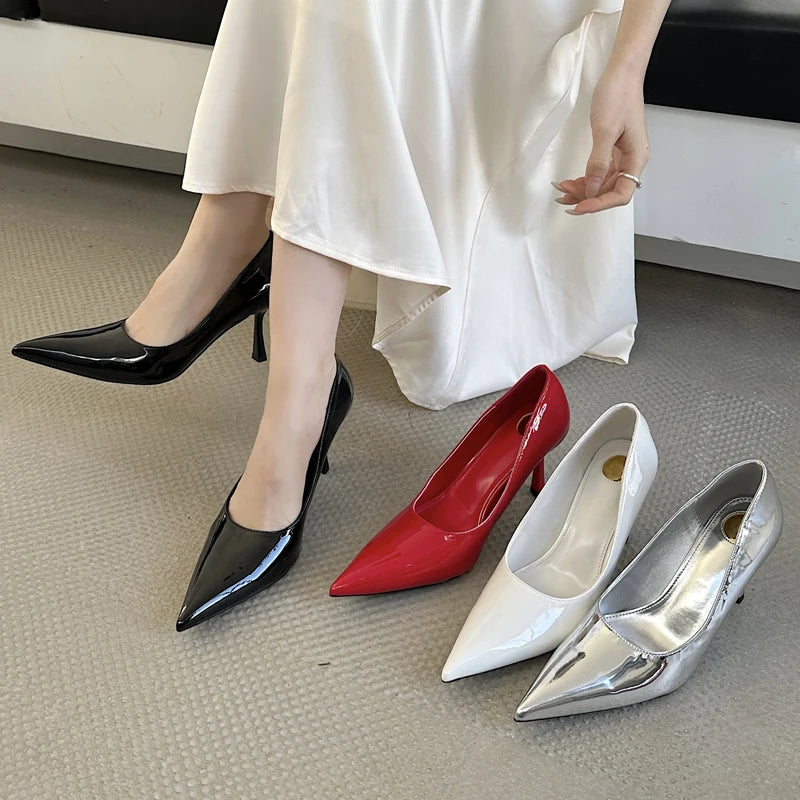 Sexy Patent Leather Pointed Toe Women Pump Elegant Wedding Party Prom High Heels Shoes Mule Female Sandals