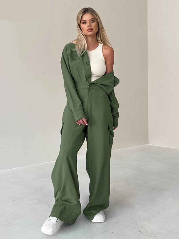 Khaki Long Jumpsuits Women 2025 Streetwear Long Sleeve Single Breasted Overalls Casual Green Loose Pants Jumpsuits